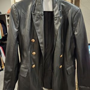 Black faux leather double-breasted jacket with fancy gold buttons